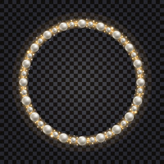 Decorative frame with white pearls and gold glowing sparkles. Shiny golden glitter, jewelry design, realistic pearls.  Vector illustration