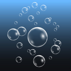 Realistic water bubbles, set of design elements isolated on blue background. Vector illustration