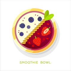 Vector illustrations smoothie bowl. Useful organic food for vegan and vegetarian. Healthy berry breakfast. Tasty beverage for diet. White isolated, flat design, minimal trendy style.