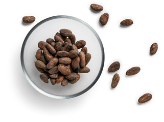Cocoa beans on a white background. The view from the top