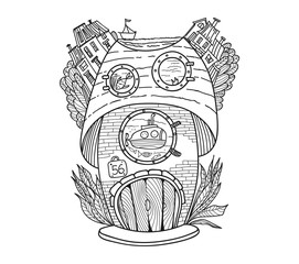 Coloring page. Cartoon cute mushroom illustration. Childish design for kids activity colouring book about mushroom, sea life, submarine, boat. Colorless illustration for book cover. Freehand sketch
