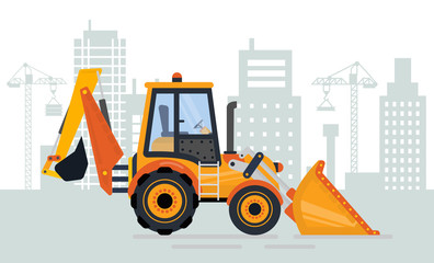 Obraz na płótnie Canvas Construction machinery vector, cityscape with cranes and lifters with heavy objects. Tractor with empty cabin, building industry city and excavator