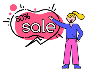 Woman stand near advertising sticker. Big sale in stores, discounts up to 50 percent off. Lady show on outline pink bubble. Designed promotion tag with caption. Vector illustration in flat style