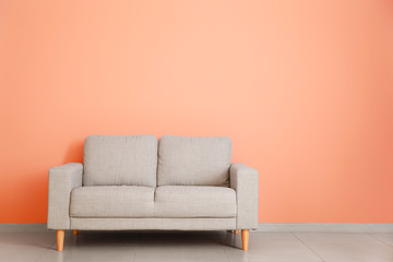 Stylish sofa near color wall in room