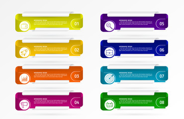 Modern Infographic template with 8 steps, icons for 8 options, colorful labels for business. Vector element can be used for workflow graph, chart, web layout.