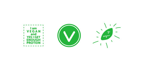 Set of various signs on vegan theme. I am vegan and yes i get enough protein. Vegan minimalistic green circle sticker. Go Vegan handwritten flat green leaf. Vector illustration.
