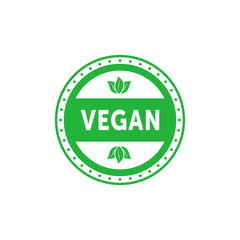 Vegan circle green flat emblem with tree leaves. Design element for packaging design and promotional material. Vector illustration.