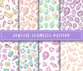 Crystal seamless pattern - colorful rainbow crystals or gems on white background, endless background with gemstones, minerals, diamonds, flat vector for textile, wrapping paper, scrapbooking
