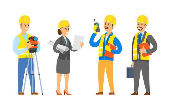 Builders with tools and instruments vector, lady with planning and scheme constrolling and supervising building process of workers male with walkie talkie