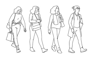 Set of women taking a walk. Concept. Monochrome vector illustration of women of different ages walking in simple line art style. Black lines isolated on white background. Hand drawn sketch