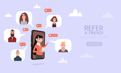 Refer a friend concept. We are hiring, job recruitment. People holding a phone with a list of his best friends profile pages. Use for refferal marketing strategy banner, landing page template, ui