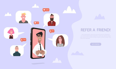 Refer a friend concept illustration. Cartoon hands holding a phone with a list of friends contacts. Use for referral marketing strategy banner, landing page template, ui, banner, flyer, web, poster.