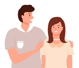 Smiling man and woman standing together. Happy boyfriend embracing girlfriend. People lovers or friends in casual clothes hugging. Male and female cartoon characters isolated on white vector