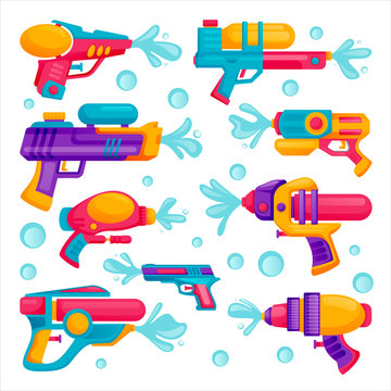 Water guns icons set. Vector flat cartoon illustration. Multicolor kids water toys for playing on summer beach