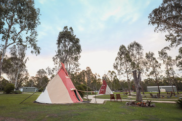 Tipi camp ground at sunrise 