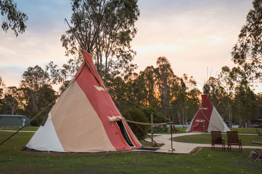 Tipi camp ground at sunrise 