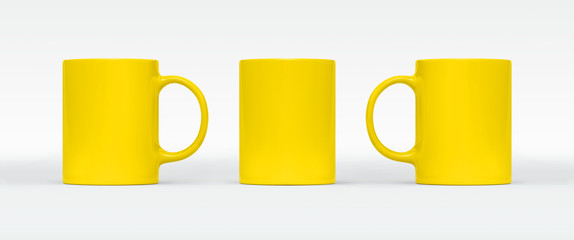 Yellow coffee or tea cup on white background. Blank mug mock up with different sides. Empty gift...