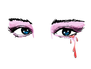 Vector beautiful illustration with crying eyes. Women's watery eyes. Eyes with flowing mascara on isolated background. Illustrated Eyes With A bloody Tears