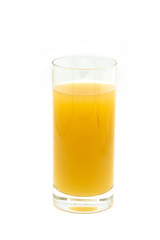 glass of naturally cloudy apple juice in front of white background