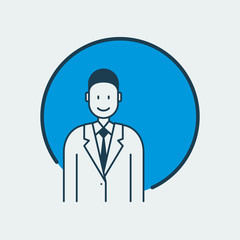 Vector icon of a doctor standing in a medical gown and a tie. It represents medicine overall and family doctor