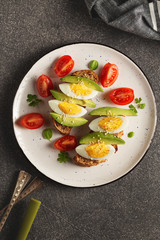Avocado, egg on toast, tomatoes on  plate. Top view on a dark background.