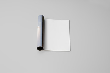 Mock-up magazine, newspaper or catalog on gray background. Blank page
