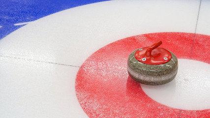 Curling winter, olympic sport.Curling stone and  Ice curling sheet with red and blue circle and...