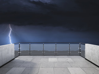 Thunderstorm on the balcony. Balcony view of  sky with thunder. Landscape. Night. Terrace with a beautiful view of storm. Background with beautiful landscape. Storm in the night.