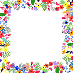 Floral frame made of flowers. Wildflowers leaves and branches. Vector illustration.