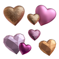 3d render, assorted metallic pink and golden heart objects isolated on white background, Valentine day design elements set. Festive romantic clip art collection, love symbols.