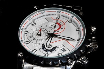 Luxury sport chronograph white Analog Men's Watch silver red steel for men luxury on black...