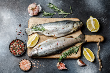 Fresh river trout with spices and ingredient for cooking on dark stone background