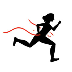 Fototapeta na wymiar Black silhouette of Business woman running crossing red ribbon at finish, concept of leadreship. Flat vector illustration.
