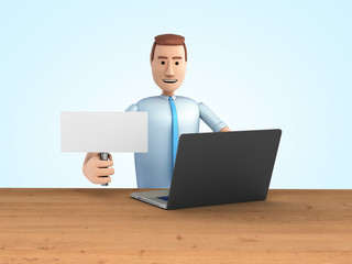proposal or search concept man in cartoon style sits by a laptop with a white sign in his hand 3d render blue gradient