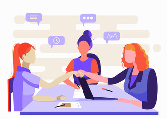 Flat style illustration. Consultation, employment, interview. Office Workers Meeting. Women working in the office. Staff recruitment. Resume review. Cooperation, handshake. Work agreement.
