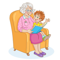Cute grandmother and funny grandson are reading a book while sitting on an armchair. In cartoon style. Isolated on white background. Vector illustration.
