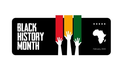 Black History Month red, yellow and green symbolic tricolor banner template with raised hands and African continent.