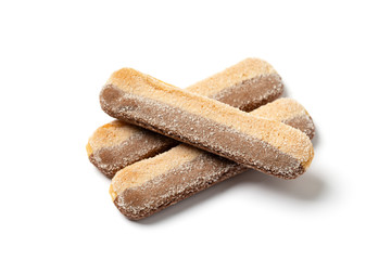 Savoiardi biscuits on white background. Italian savoiardi cookies for making Tiramisu. Ladyfingers