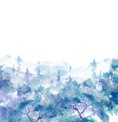 Watercolor art illustration. Drawing of the blue forest, pine tree, spruce, cedar. Dark, dense forest, suburban landscape. Postcard, logo, card, banner. Misty forest, haze. wood on a snowy slope.