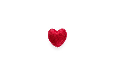 Red heart made of threads isolated on white background. Valentine's day concept. Red heart shape symbol of love and passion. Copy space.