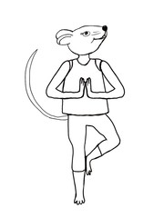 Mouse yoga on a white background - Fantasy character. Symbol of 2020. Contour drawing mouse yoga (rat), coloring page. One Element. Seamless pattern for printing on fabric, wrapping paper, postcard