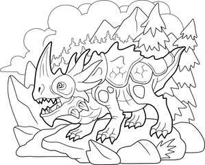 cartoon angry carnivorous dragon, coloring book, funny illustration