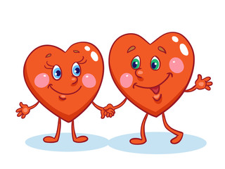 Two little hearts stand hand in hand. In cartoon style. Isolated on white background. For Valentine's day. Vector illustration.