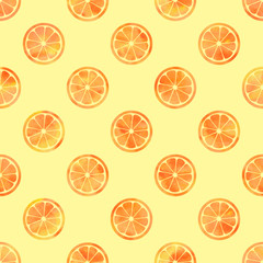 Watercolor sliced ​​oranges on lemon background. Seamless pattern. Watercolor stock illustration. Design for backgrounds, wallpapers, covers, textile, packaging.