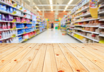 Wood floor and Supermarket blur background, Product display, template,