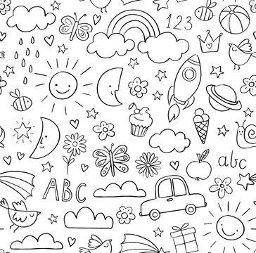 Kids Doodle Pattern. Childrens Pattern In Black And White. Baby And Children Related Objects And Design Elements. Seamless Vector Background.