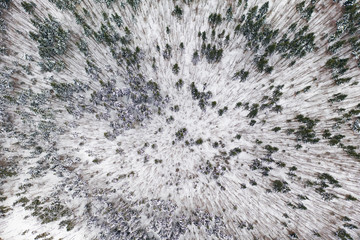 Aerial drone view of a winter landscape. Snow covered forest.