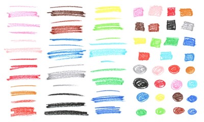 Fototapeta Colorful textured chalk stripes, squares and circles. Pastel, crayon hand drawn colourful elements. obraz