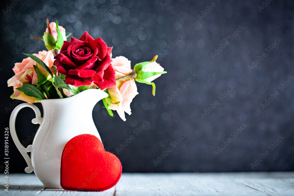 Wall mural greeting card with flowers and heart. background with copy space. selective focus.