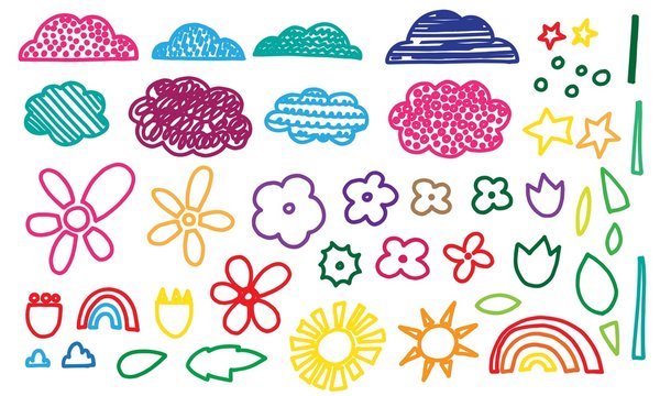 Hand drawn childish colorful elements set. Kids drawing clouds, flowers, sun and stars